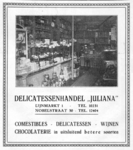 712774 Advertentie van Delicatessenhandel Juliana , Lijnmarkt 1 en Nobelstraat 30 te Utrecht, met een foto van het ...